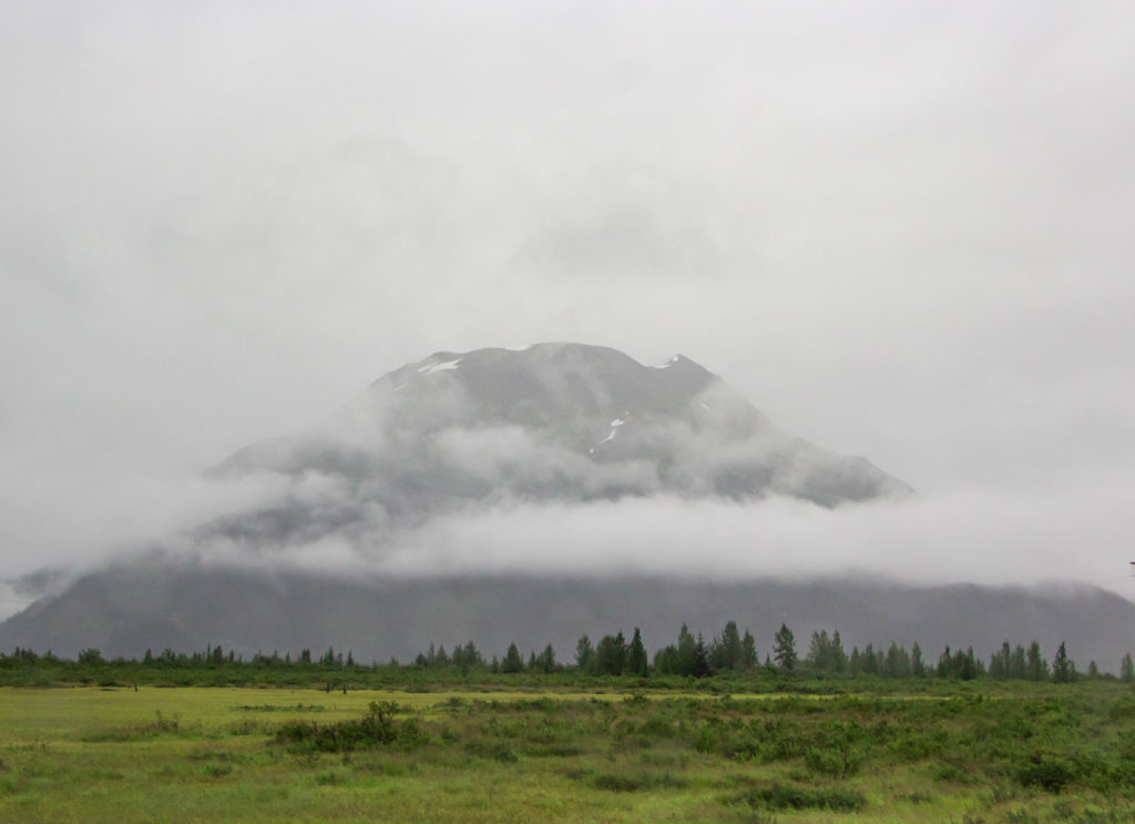 cloudy foggy mountain and green grass on seward highway alaska