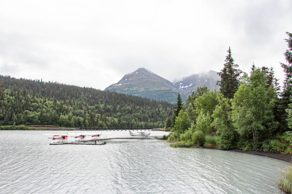 four white airplanes on lake at moose pass with green trees and mountains around water