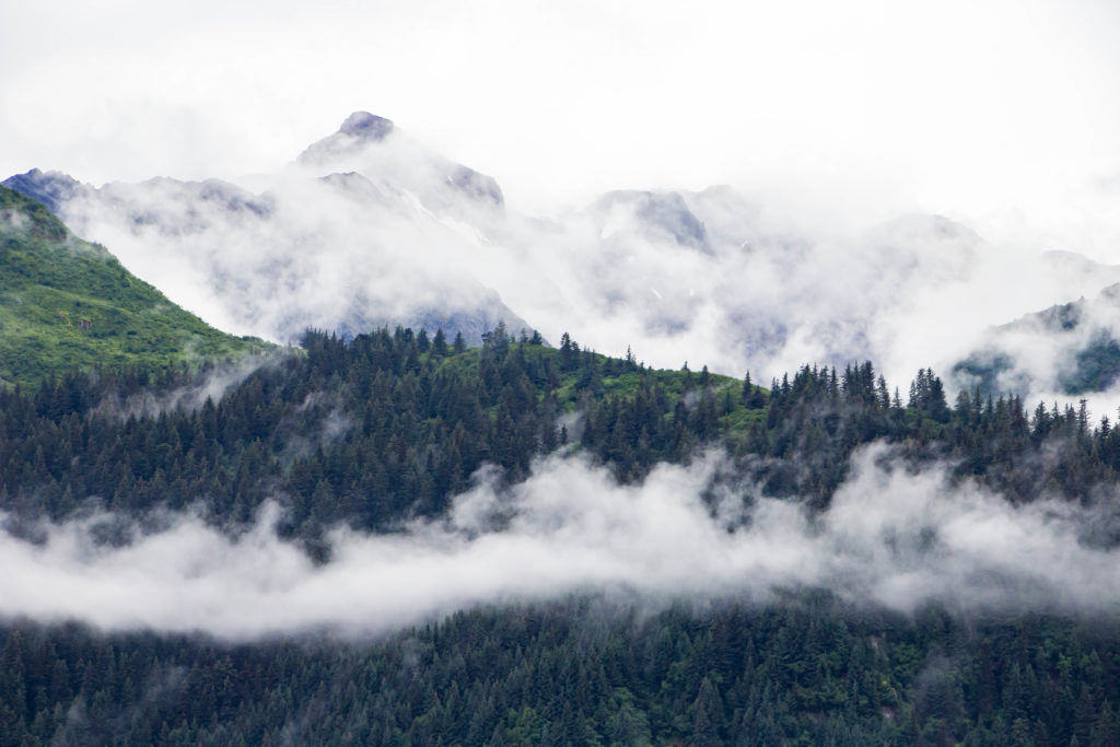 low hanging clouds and fog over green tree mountains in Seward Alaska