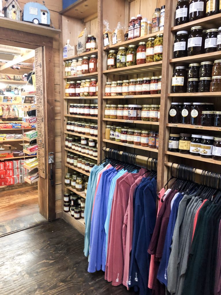 inside country store at outpost pickwick tennessee, canned jams and t shirts