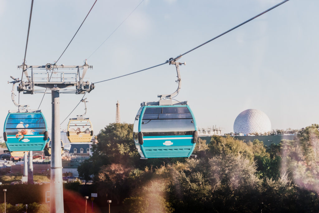 blue skyliner gondola at Disney World Orlando Florida with spaceship earth Epcot
