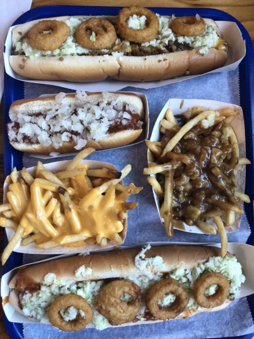 Coney Island Drive Inn Crystal River poutine, cheese fries, chili dog, foot long hot dogs