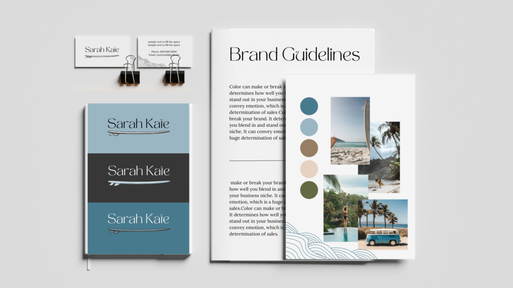 Sarah Kate rebrand mockup, branding guidelines, color palette, mood board, and logo designs for surf brand, Mary lauren Mills branding and web design